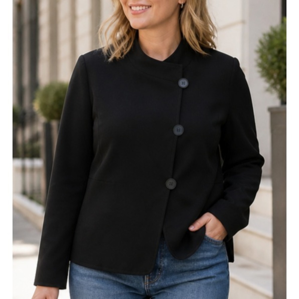Talbots Women Asymmetric Button Blazer Jacket 10P Black Quiet Luxury Officecore